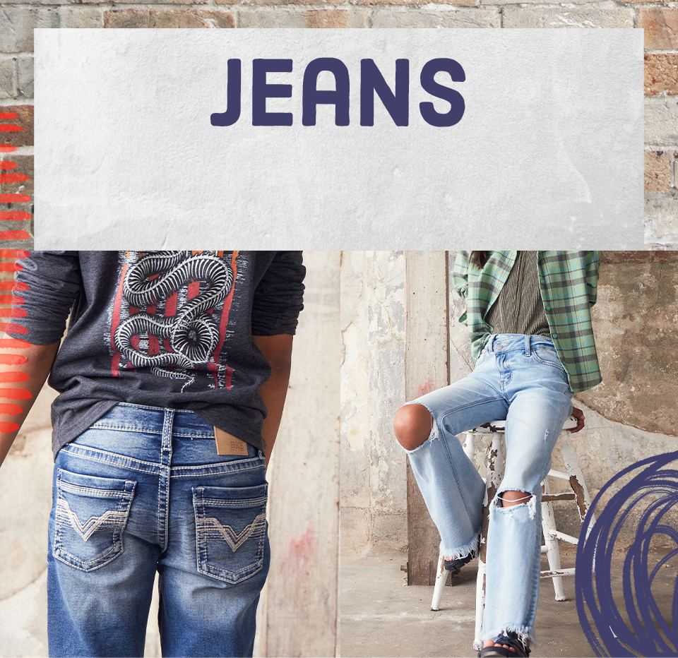 Jeans - A boy wearing a pair of BKE dark wash jeans. A girl wearing a pair of BKE light wash flare jeans.