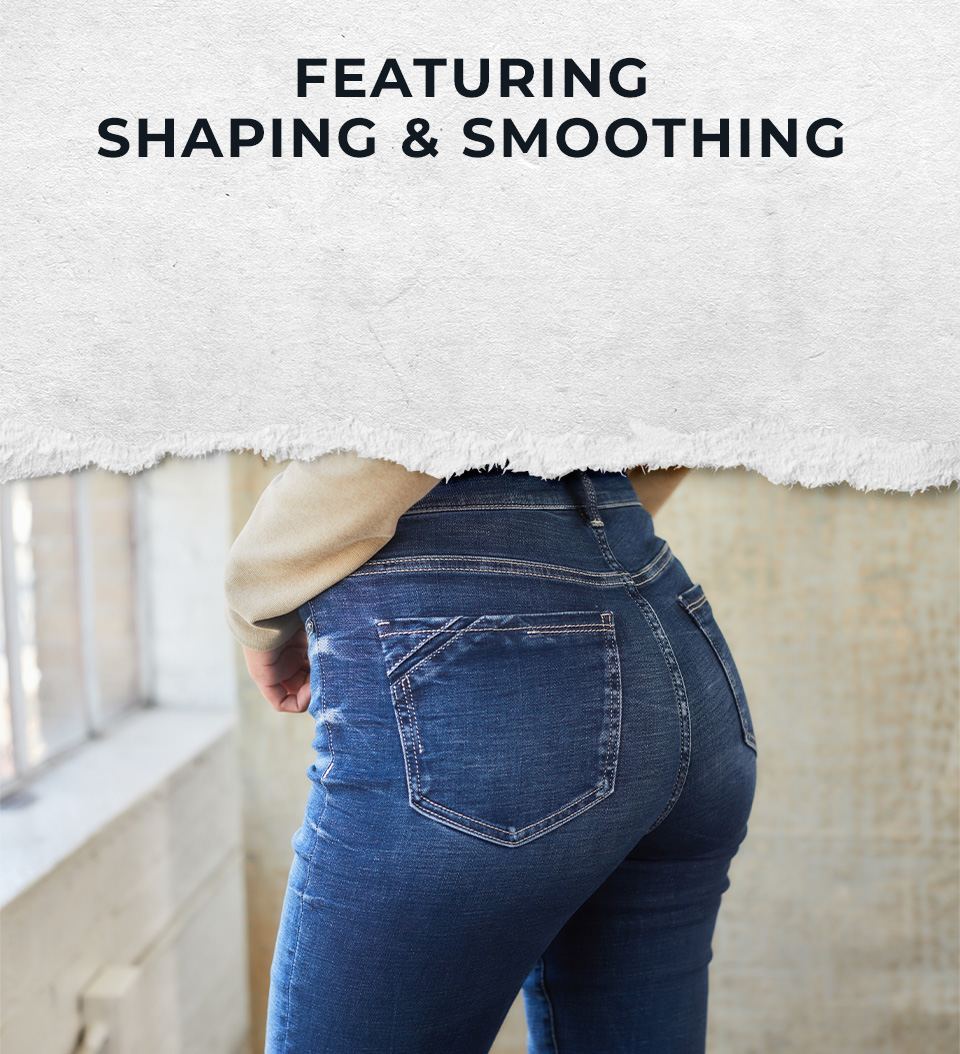 Featuring Shaping & Smoothing - A gal wearing a pair of dark wash Buckle Black jeans