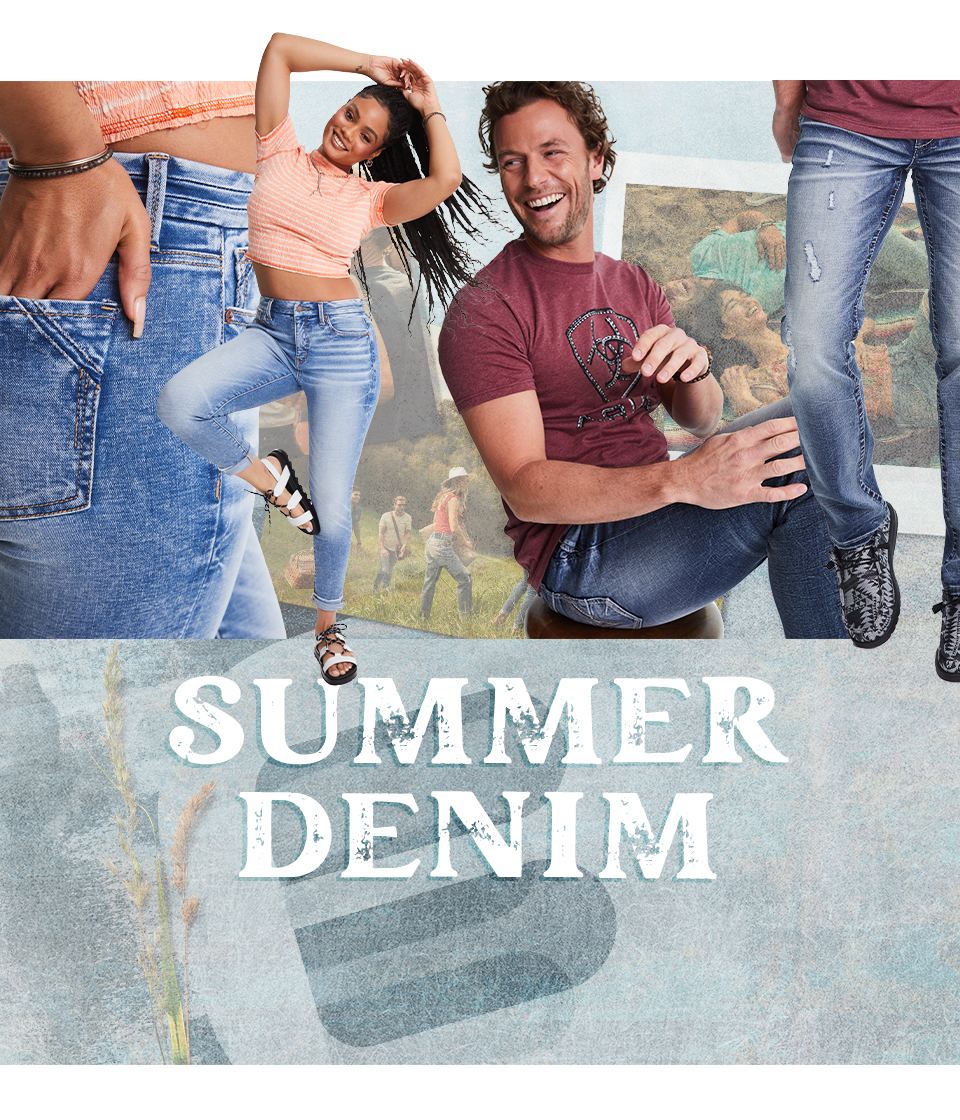 Summer Denim - A gal wearing a striped top with light wash ankle skinny jeans and white sandals. A guy wearing a red Ariat graphic tee and dark wash jeans and black and white Hey Dude shoes.