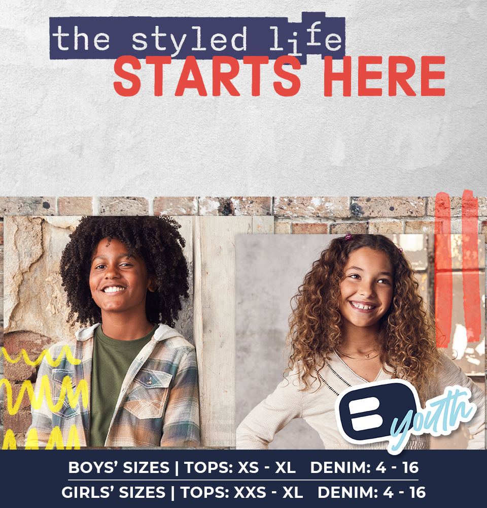 The Styled Life Starts Here - A boy wearing a green tee under a plaid shirt. A girl wearing a cream top.