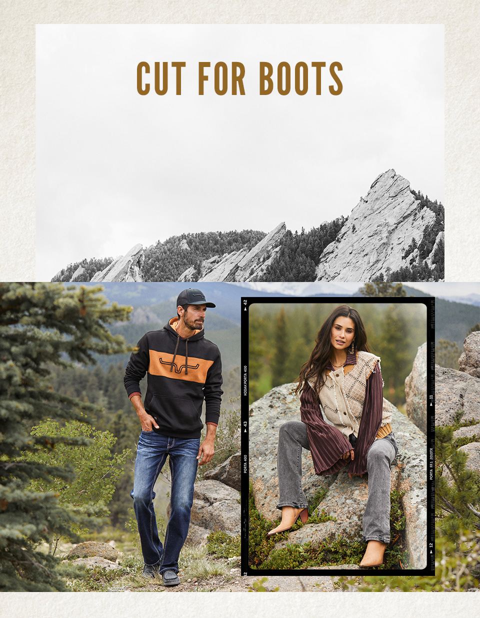 Cut for Boots - A guy wearing a black graphic hoodie with a pair of dark wash bootcut jeans. A gal wearing a plaid shacket with a pair of bootcut jeans