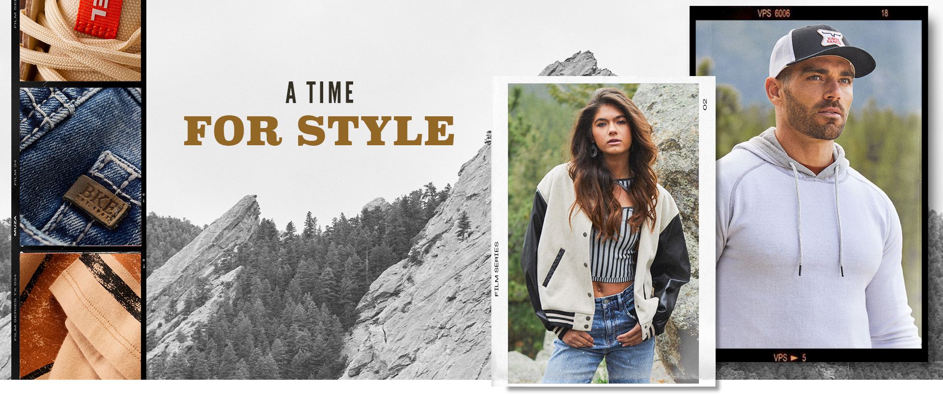 A Time for Style - A gal wearing a striped top under a varsity jacket and a pair of light wash jeans. A guy wearing a grey BKE hoodie.