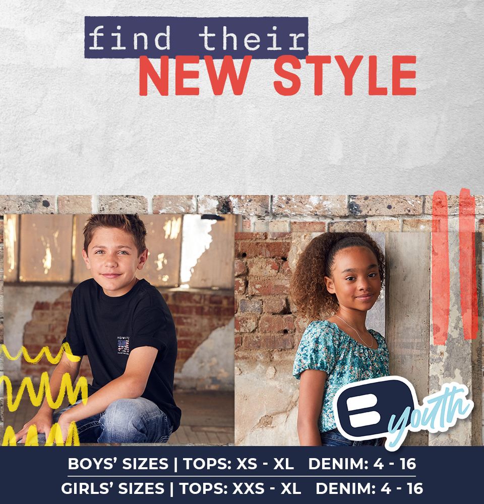 Find Their New Style - A boy wearing a black tee with a pair of medium wash jeans. A girl wearing a green floral top with a pair of dark wash jeans.