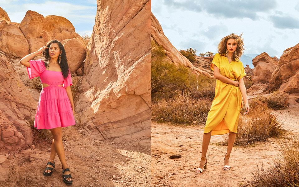 Women's Dresses - A gal wearing a pink mini dress. A gal wearing a yellow wrap dress.