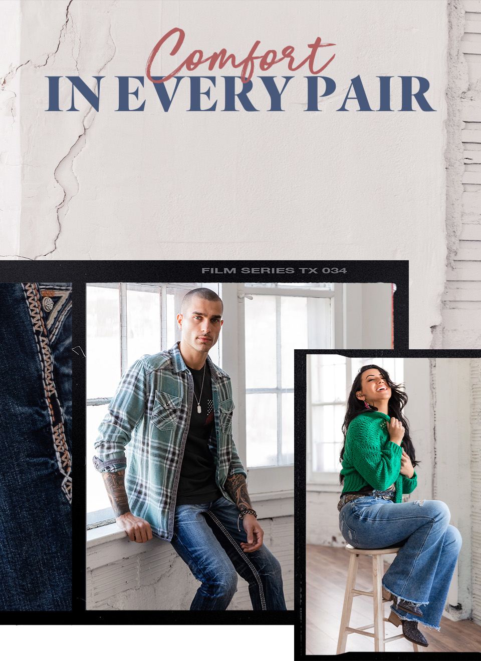 Comfort in Every Pair - A guy wearing a blue and black plaid shirt with a pair of dark wash jeans. A gal wearing a green sweater with a pair of medium wash flare jeans.