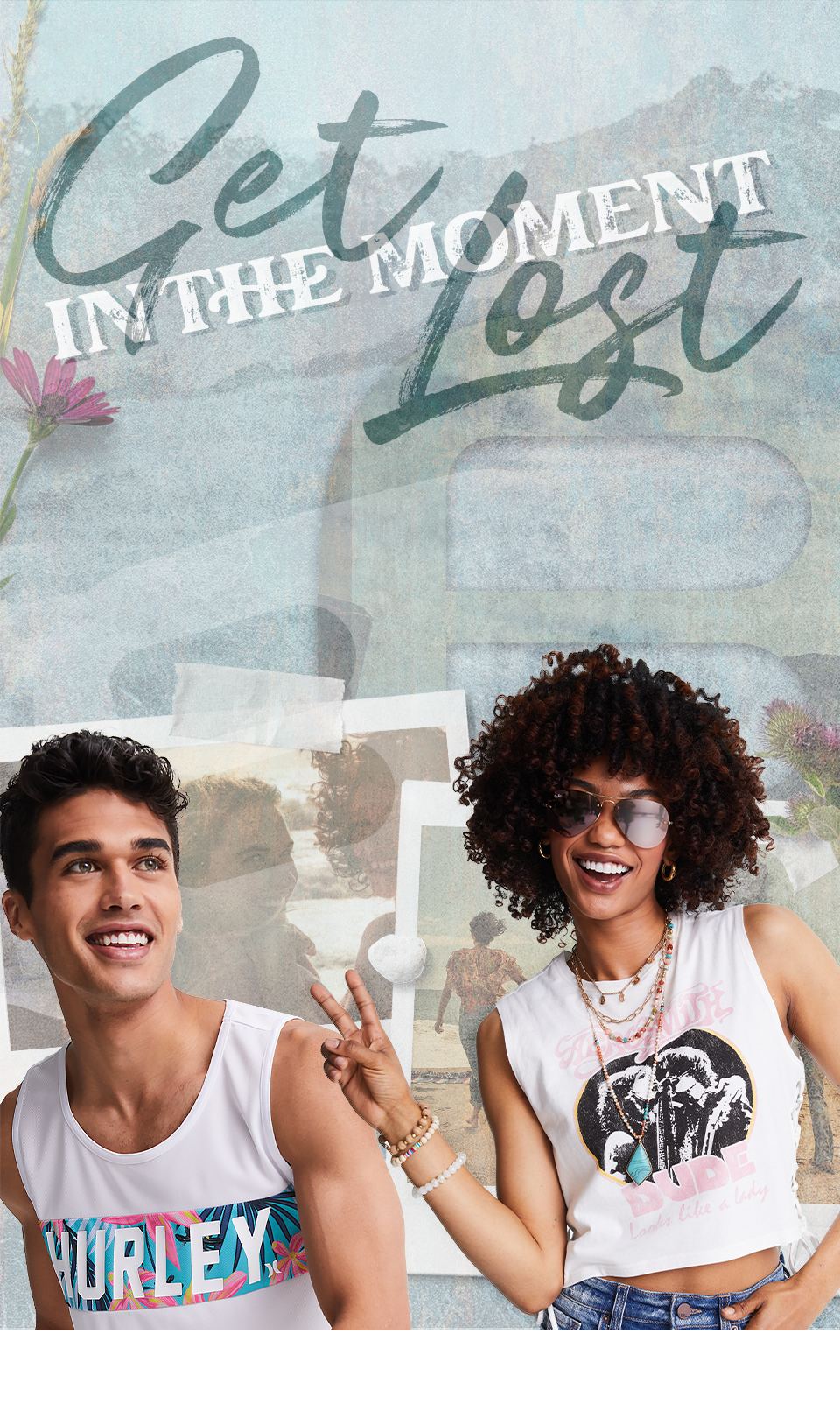 Get Lost in the Moment - A guy wearing a white Hurley graphic tank top. A gal wearing a white graphic tank with layering necklaces and sunglasses