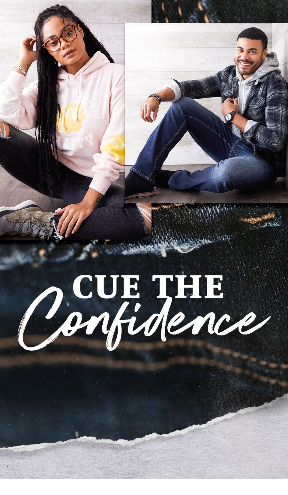 Cue the Confidence - A gal wearing a pink graphic hoodie with a pair of black jeans and grey boots. A guy wearing a grey hoodie underneath a blue and grey plaid jacket and dark wash jeans with black boots.