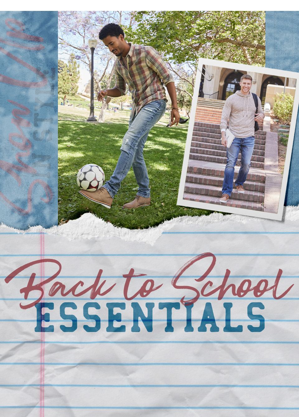 Back To School Essentials - A guy wearing a cream hooded sweater and medium wash jeans. A guy wearing a cream and brown plaid shirt with medium wash jeans and tan shoes.