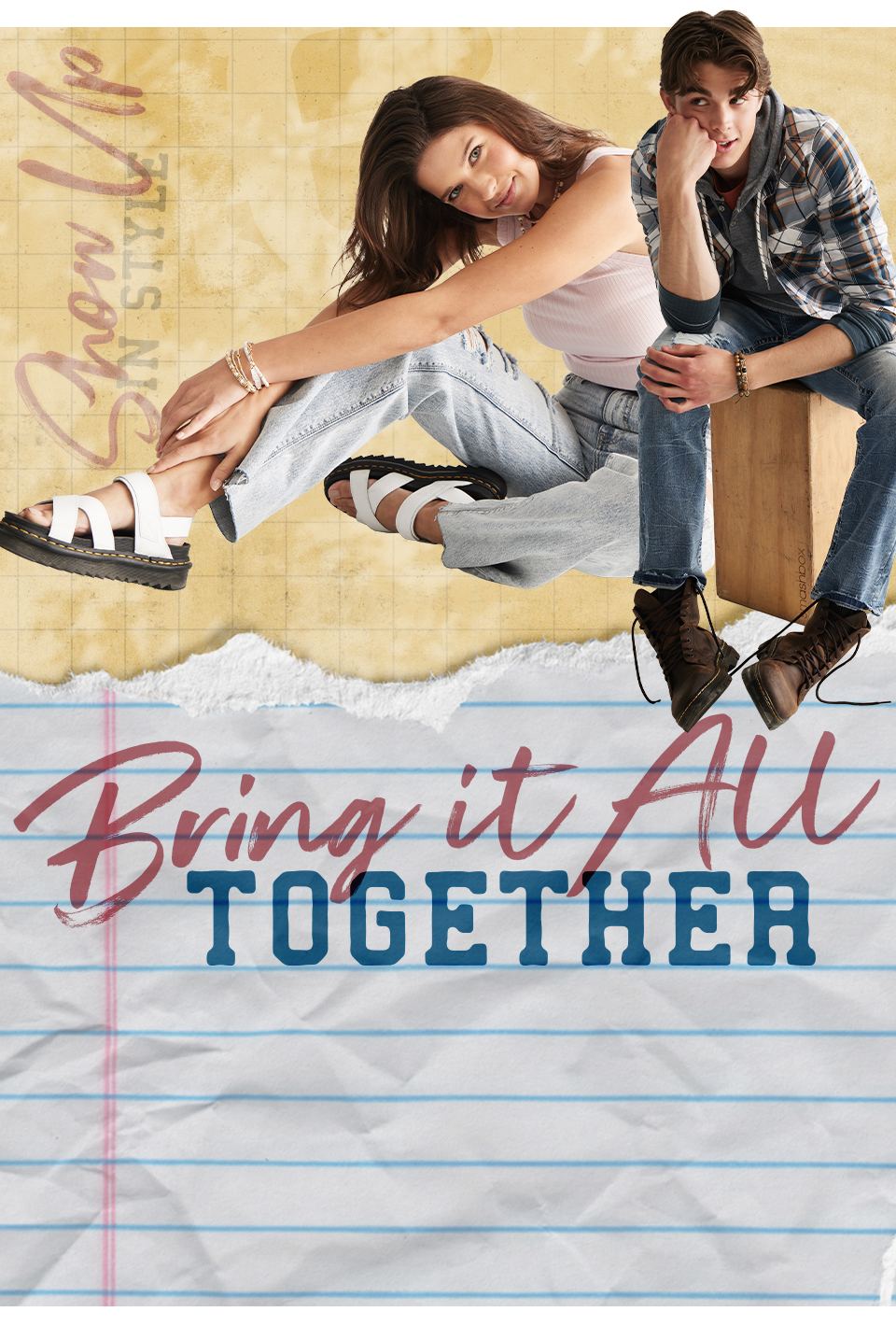 Bring it All Together - A gal wearing a pink tank top with light wash ripped jeans and white Dr. Martens sandals. A guy wearing a blue and white plaid shirt with medium wash jeans and brown boots