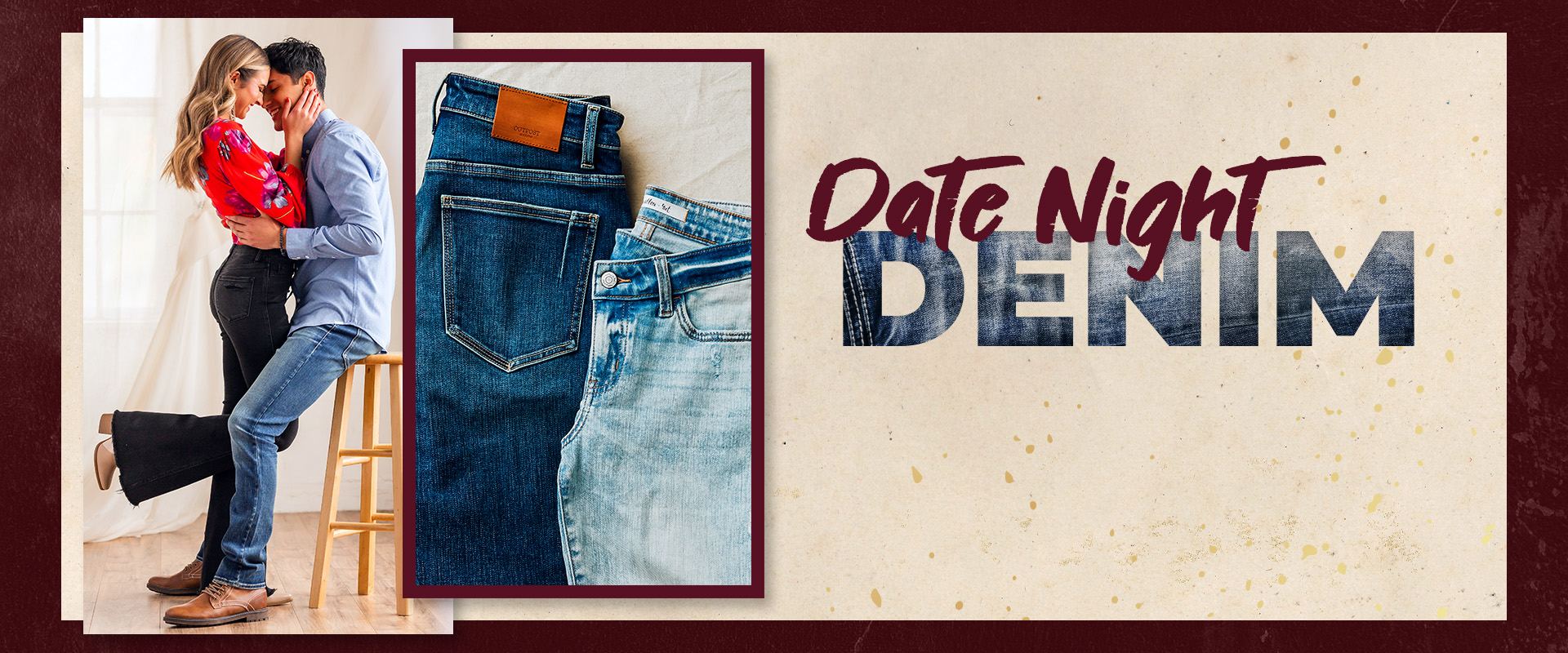 Date Night Denim - A gal wearing a red floral blouse with black flare jeans. A guy wearing a blue button up shirt with medium wash jeans.